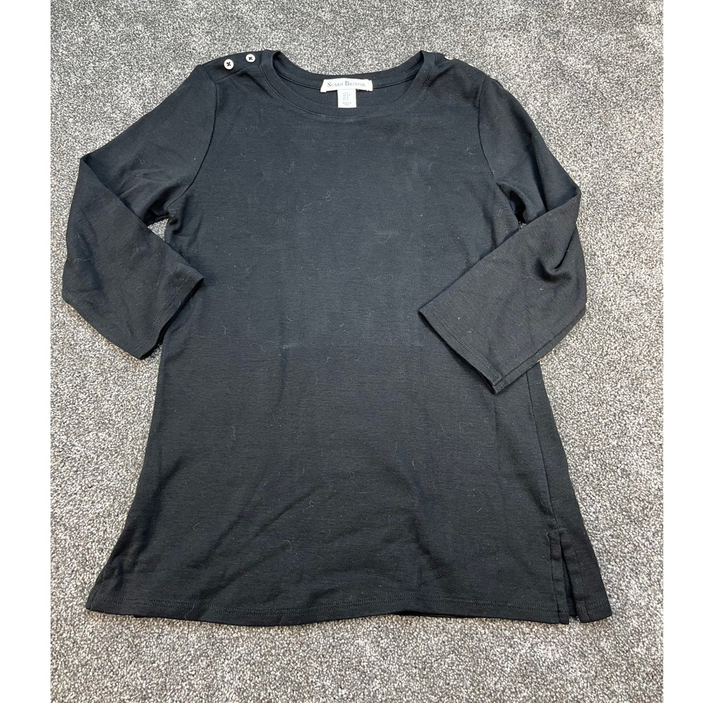 Susan Bristol Black 3/4 Sleeve Button Shoulder Top Womens Size Small 100% Cotton
